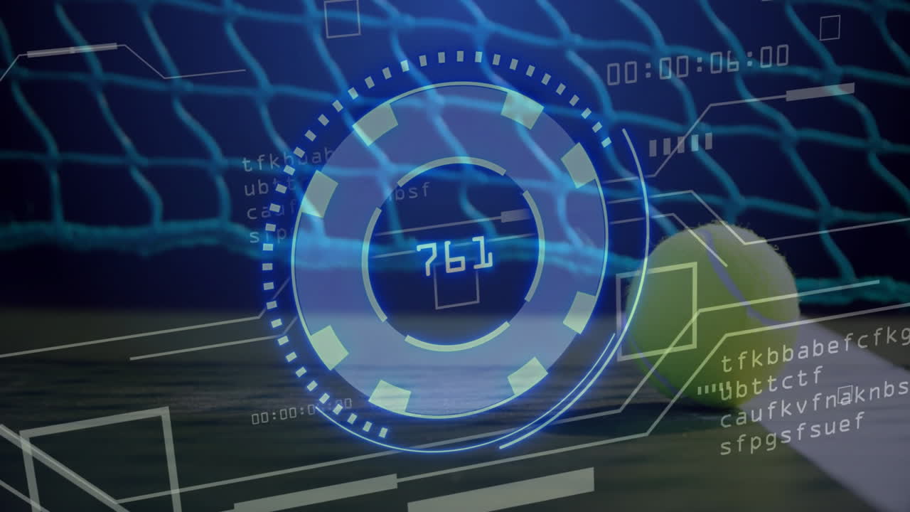 Tennis ball resting on baseline under net showing rotating HUD graphics with countdown timer in 3D