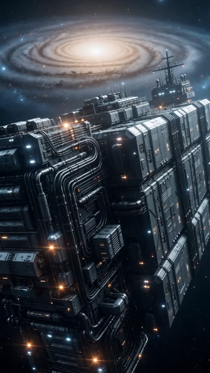 Massive Cargo Freighter Drifts Past Galaxy, Detailed Industrial Hull With Pipes And Containers, Warm Beacon