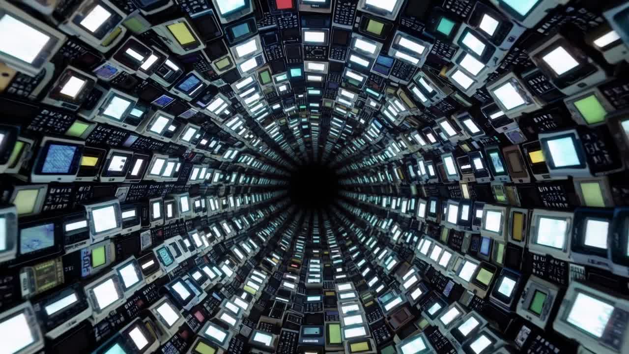 Dynamic visual sequence of illuminated screens spiraling into a dark vortex, showcasing a mesmerizing tunnel of technology and innovation in motion