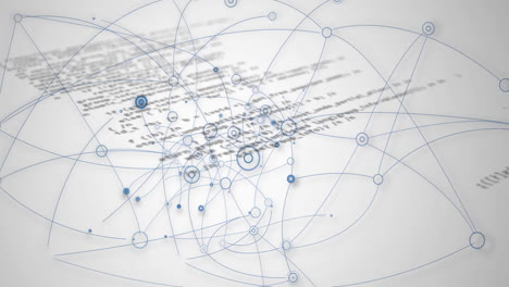 network of connections and data processing animation over blurred text document