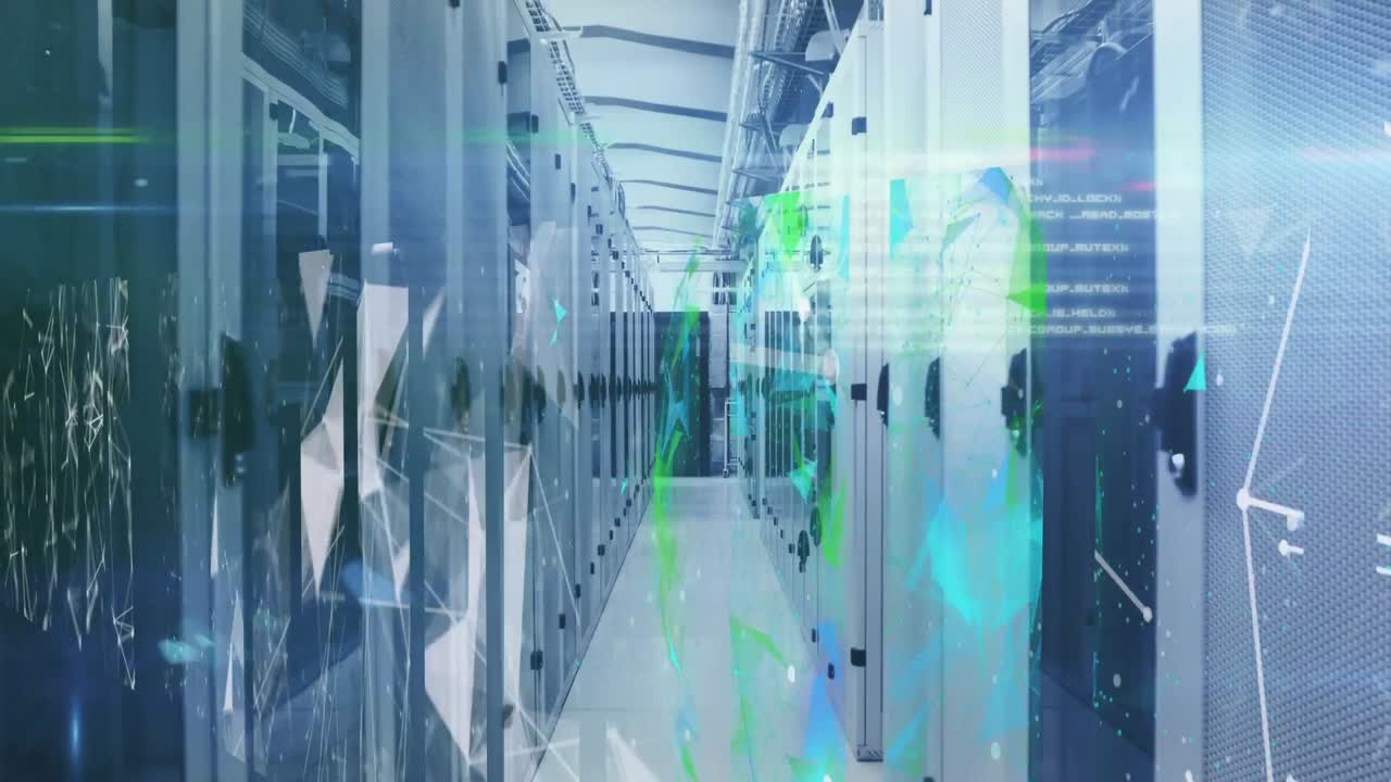 Animation of data processing and plexus networks over empty computer server room