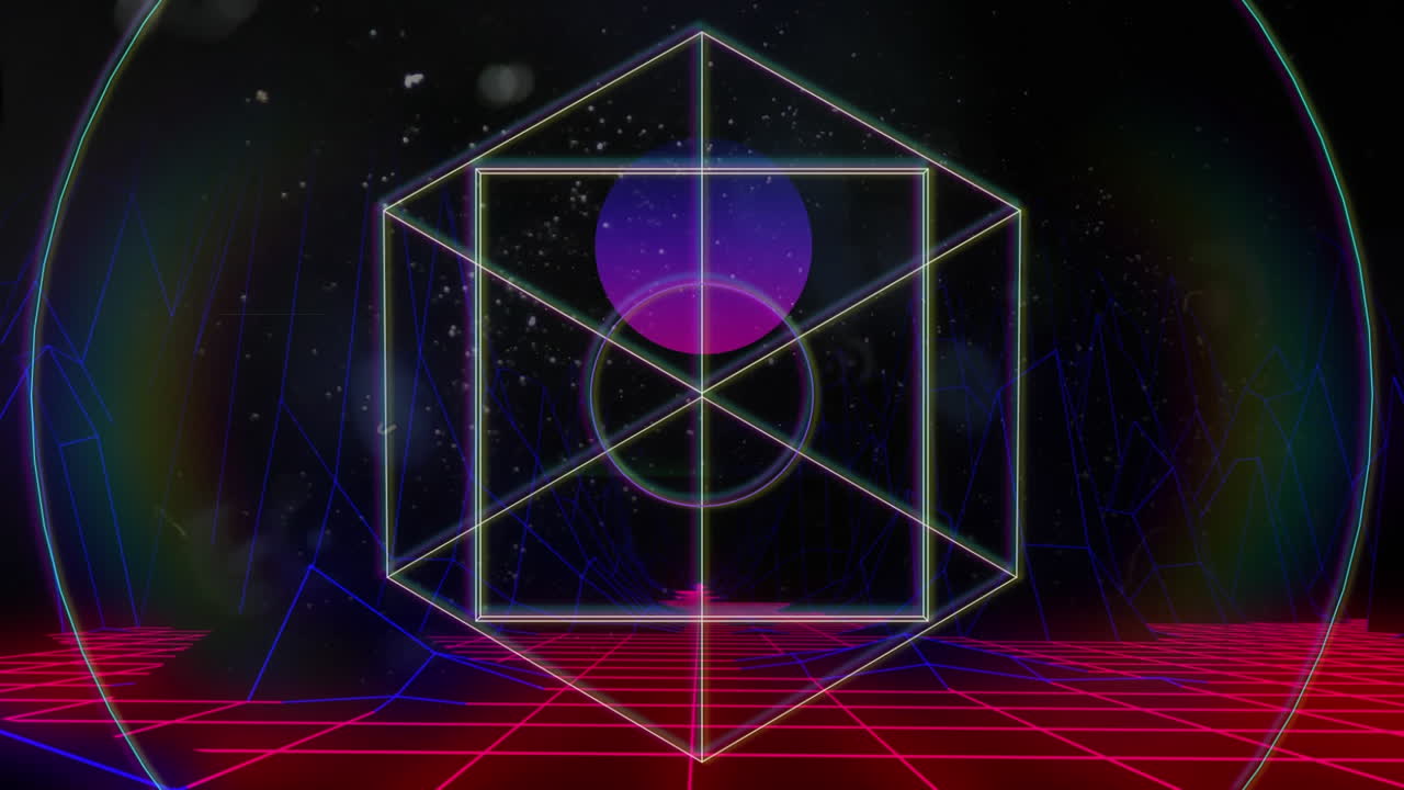 Circle and cube outlines moving over purple sphere on black background with blue and red grid below