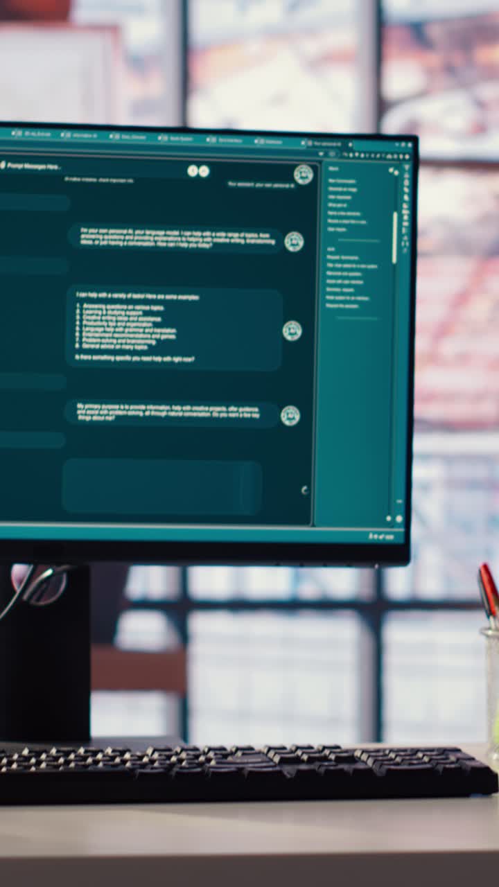 Vertical video AI LLM chatbot software interface on PC in home office showing virtual assistant