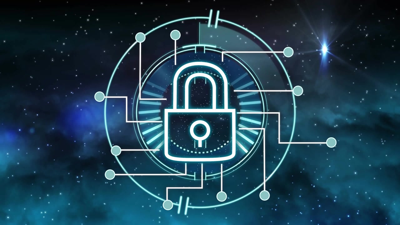 HUD appearing, padlock drawing while radial bars scanning and nodes linking, securing network