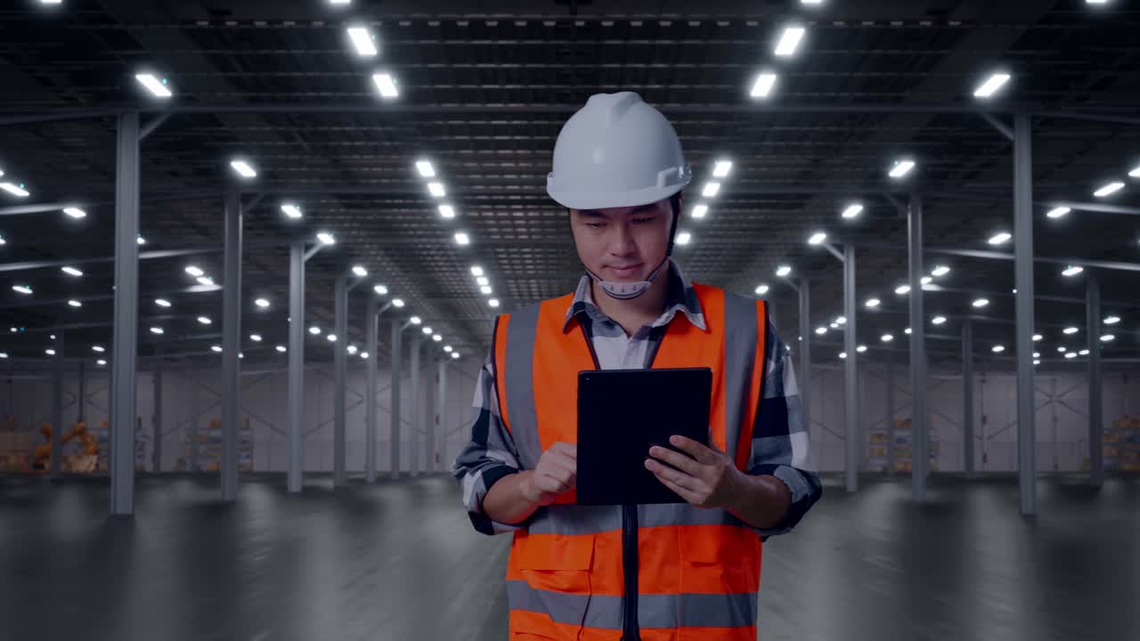 Engineer in Hard Hat and Safety Vest Using Tablet in Empty Warehouse