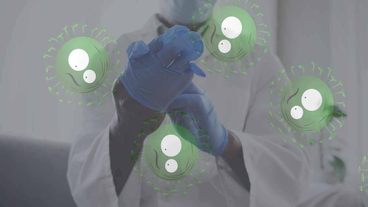 múltiples células de covid-19 contra el médico que usa guantes quirúrgicos en el hospital