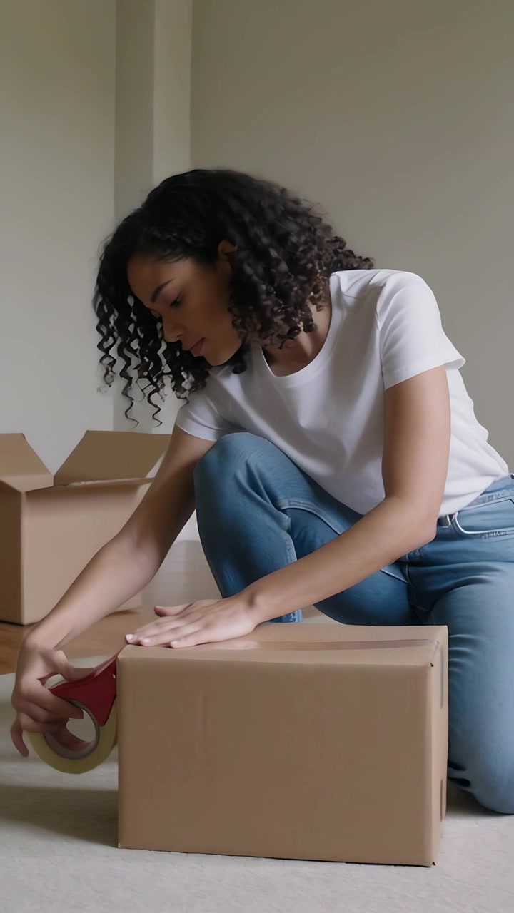 Video vertical: Mujer arrodillada en camiseta y vaqueros, agarrando un dispensador rojo y sellando una caja para empacar en casa.