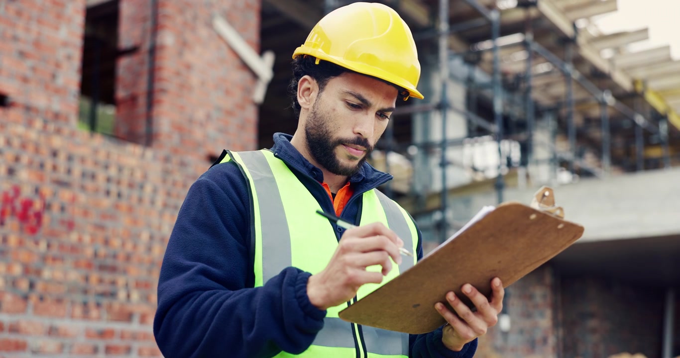 Trabalhador de construção escrevendo no quadro no canteiro de obras