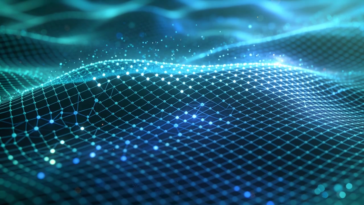 Flowing wireframe wave in data sea, frames advancing, shifting glowing nodes and emitting sparks