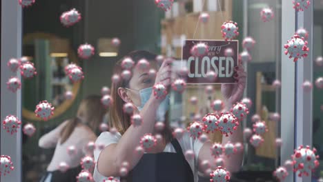 animation of coronavirus cells over caucasian female hairdresser wearing face mask