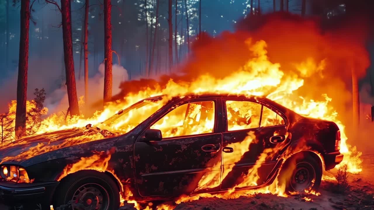 un coche está envuelto por llamas en un bosque