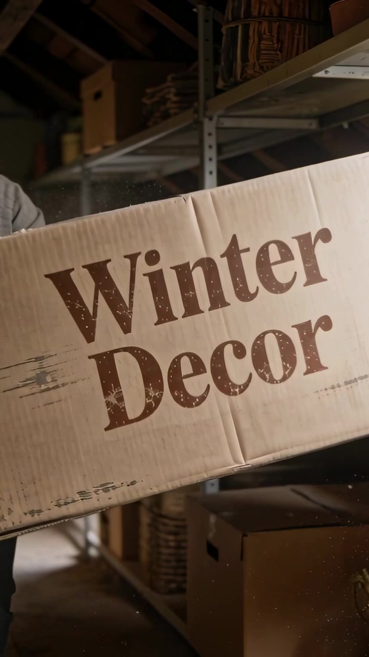 Person reaching for box labeled Winter Decor on shelving, lifting box, retrieving seasonal decor