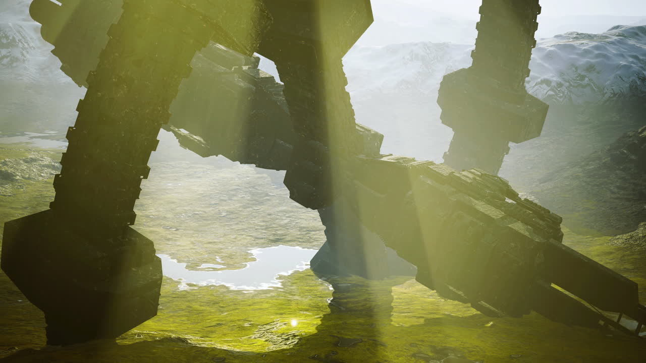 Mysterious alien ship towers over the rugged landscape under a hazy sky