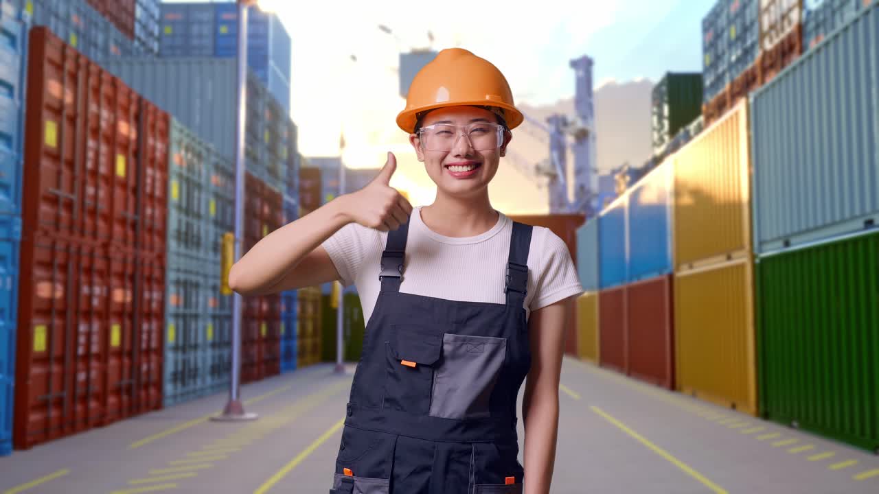 Asian Woman Worker Wearing Goggles And Safety Helmet Smiling And Showing Thumbs Up Gesture While Standing At Container Yard Warehouse