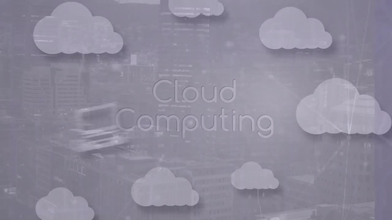 Animation of cloud computing text and media icons over cityscape