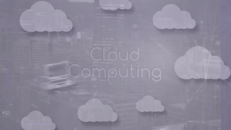 animación de texto de computación en la nube e iconos de medios sobre el paisaje urbano