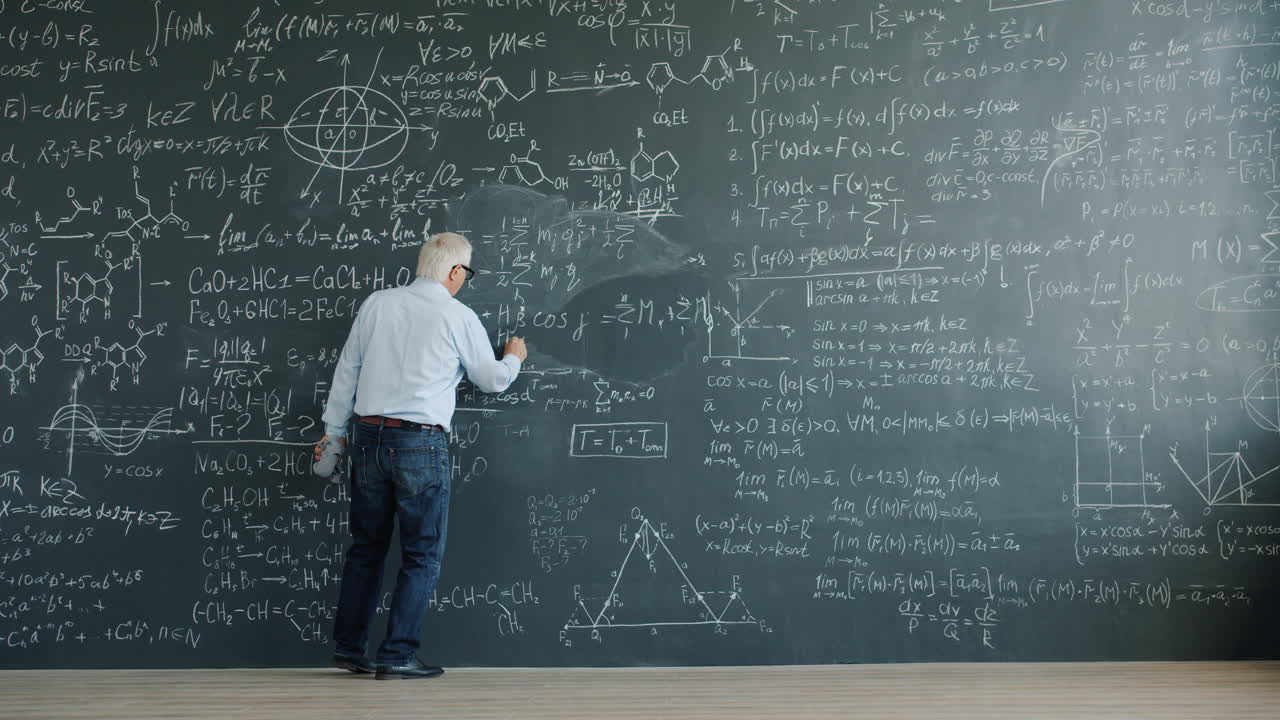 Professor in front of a chalkboard full of equations