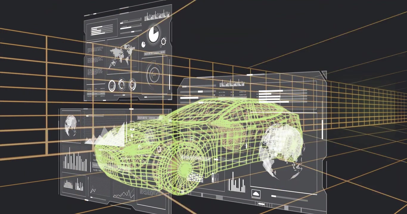 Green 3D wireframe car being animated in dark workspace, showing data panels, orange grid lines