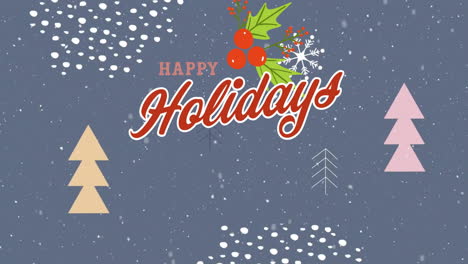 animation of happy holidays text over christmas winter scenery and decorations