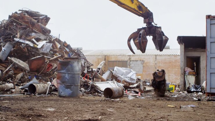Excavator machine being operated in the junkyard 4k