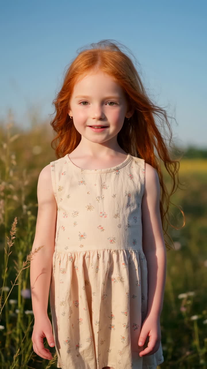 Happy Red-Haired Girl in a Summer Field