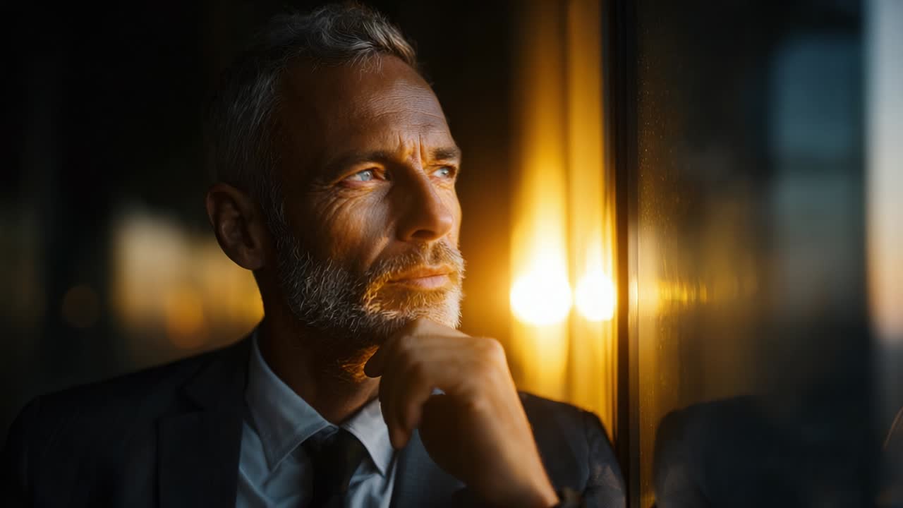 A contemplative moment showcasing an older businessman in a suit, gazing thoughtfully out a window with sunset reflections, conveying deep reflection and inspiration amid a tranquil atmosphere
