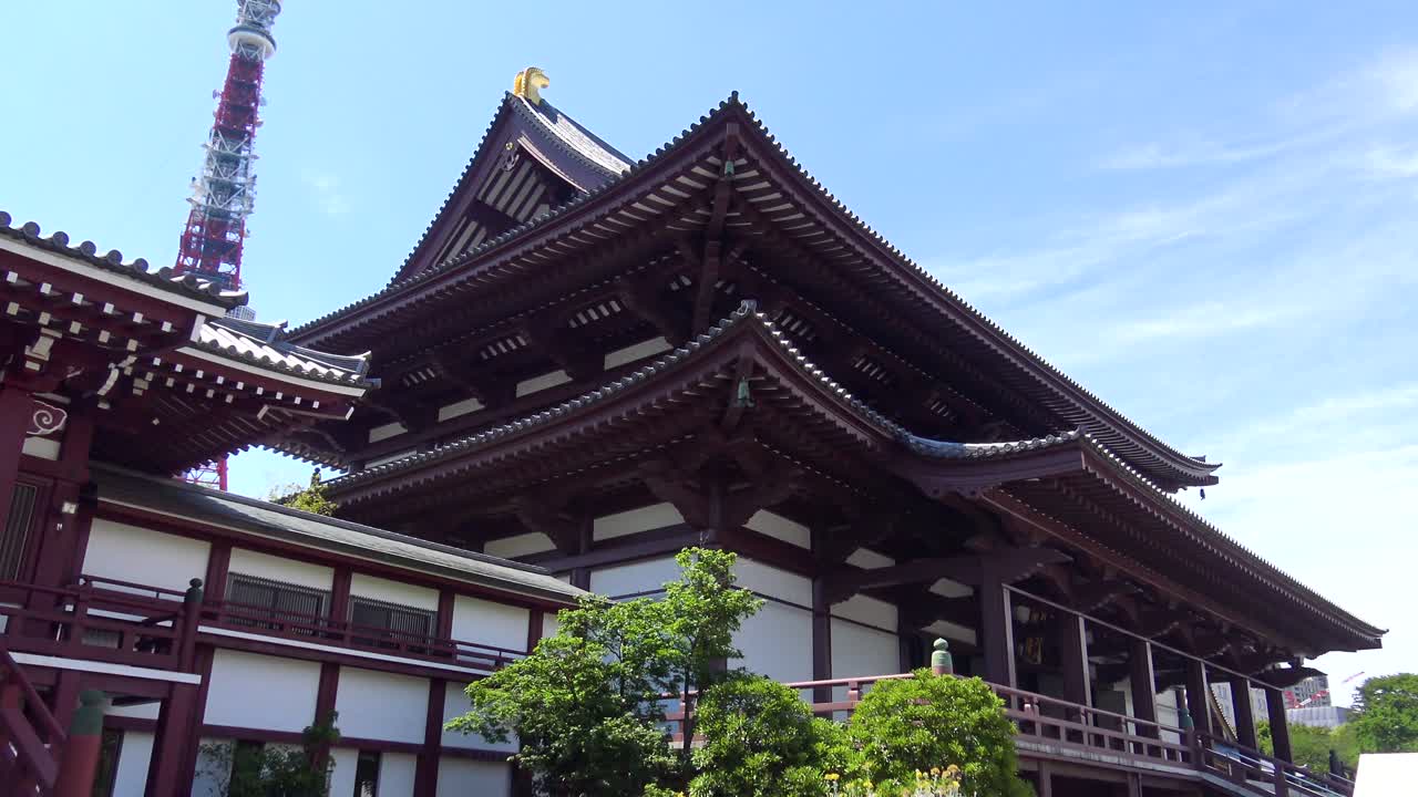 The view of the empty Zojo-ji Temple from the left side and Tokyo Tower