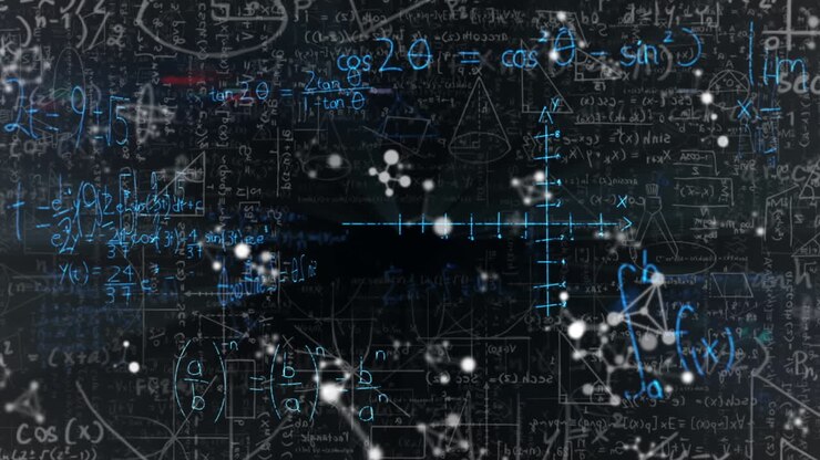 Molecular structures floating over mathematical equations and diagrams against black background