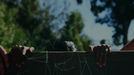 animation overlay of digital network lines with child peeking over wooden fence