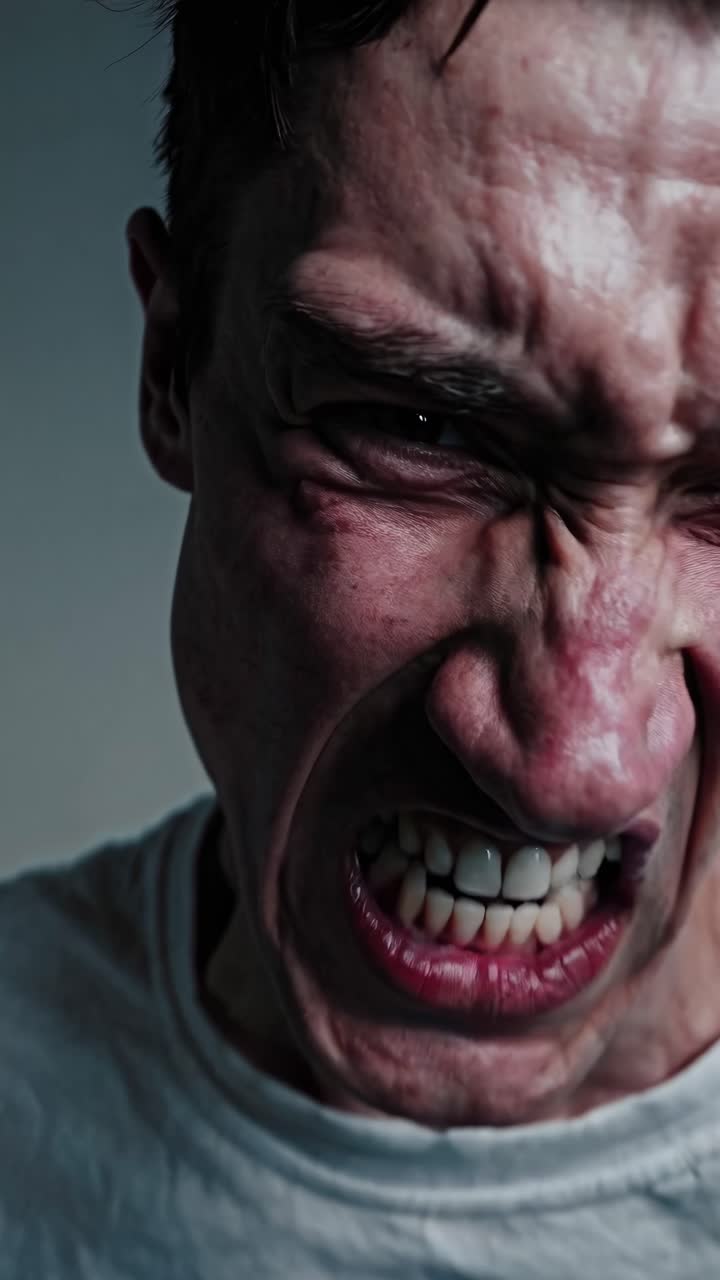 Close-up video shot of a person expressing intense emotion, capturing raw facial details and dynamic