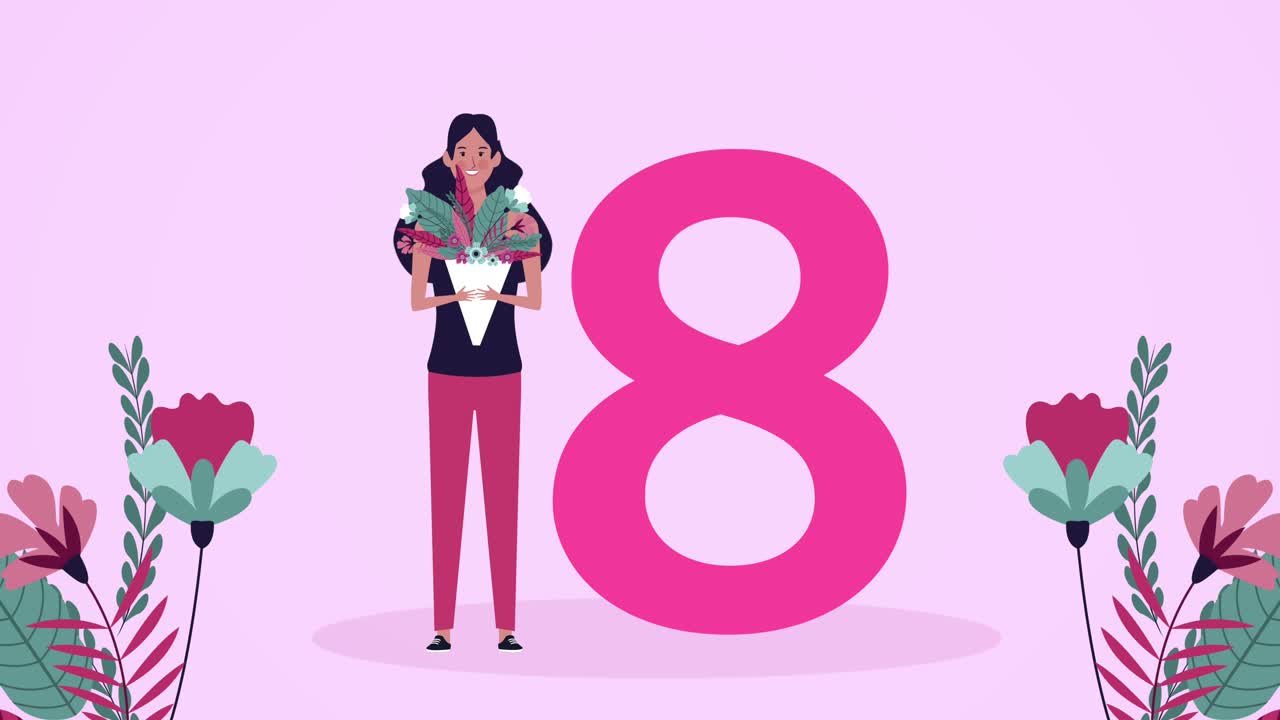 feliz tarjeta de día de la mujer con la chica levantando rosas ramo y número ocho