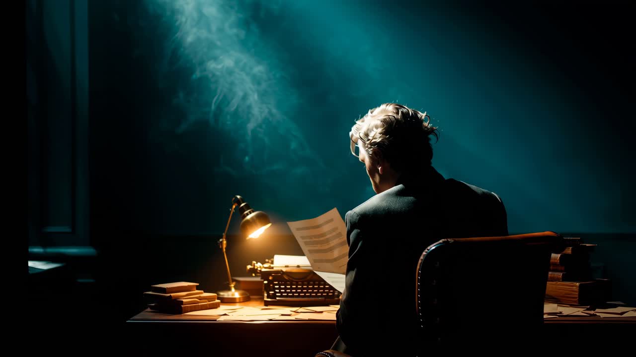 Uomo alla scrivania con macchina da scrivere in una stanza scarsamente illuminata