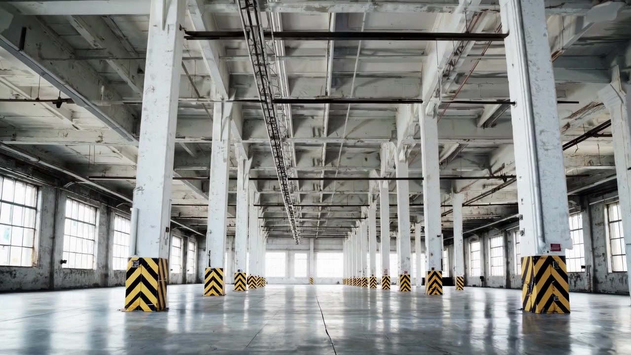 Empty Industrial Warehouse Interior with Concrete Floor and Pillars