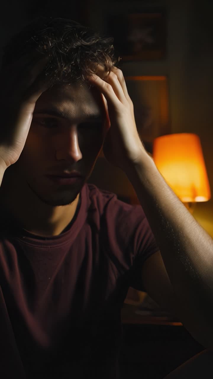 A Young Man in Thought: Exploring Emotions and Contemplation in a Dimly Lit Room with a Warm Lamp Glow Highlighting Introspection and Reflection