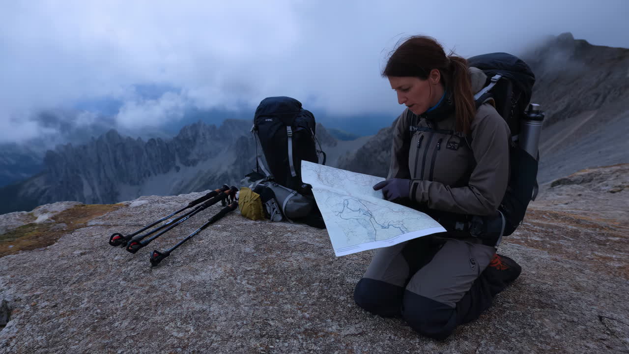 Woman navigating with a map while hiking in the mountains