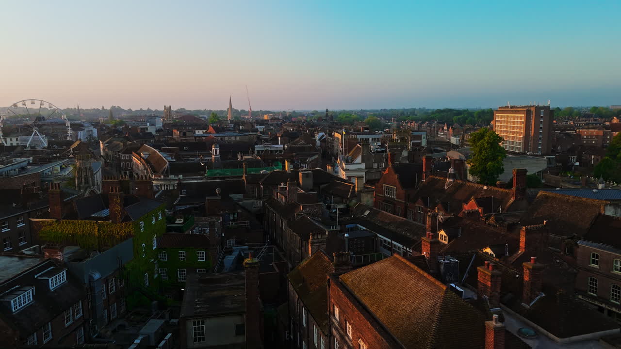 Establishing Aerial Drone Shot over York City Centre at Sunrise UK