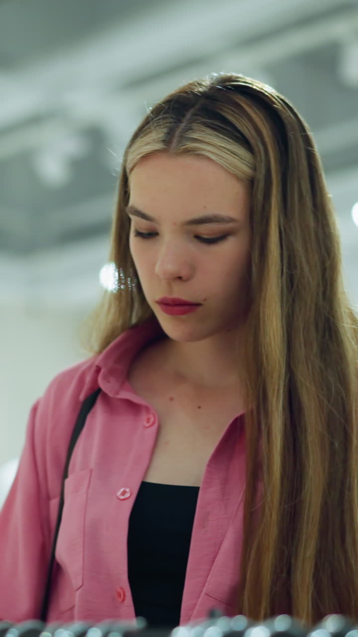 молодая леди в розовом топе, несущая сумочку, вдумчиво просматривает ярко освещенный торговый центр, она сосредоточена на чем-то перед собой, в то время как размытые огни с стойками для одежды заполняют фон