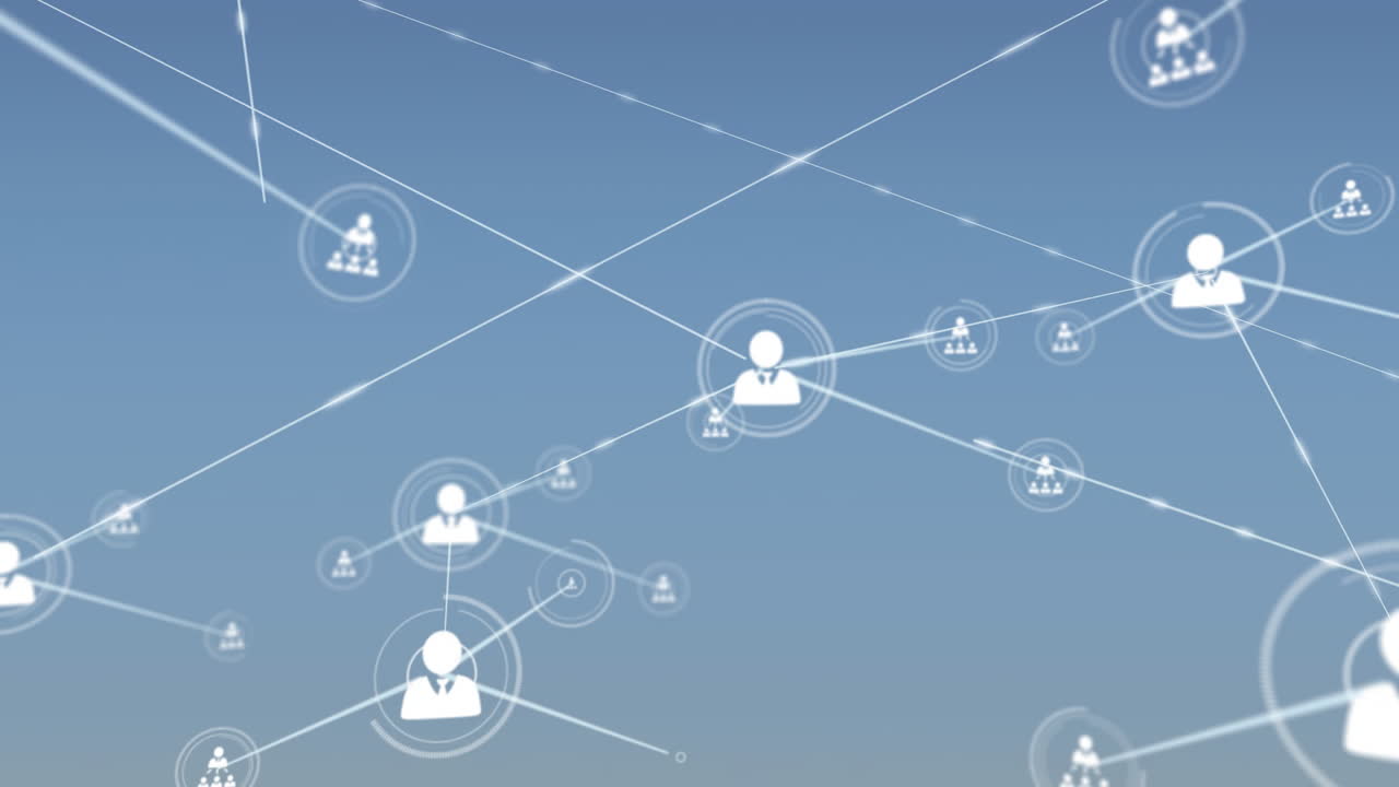 Animation of network of connections with people icons over blue background