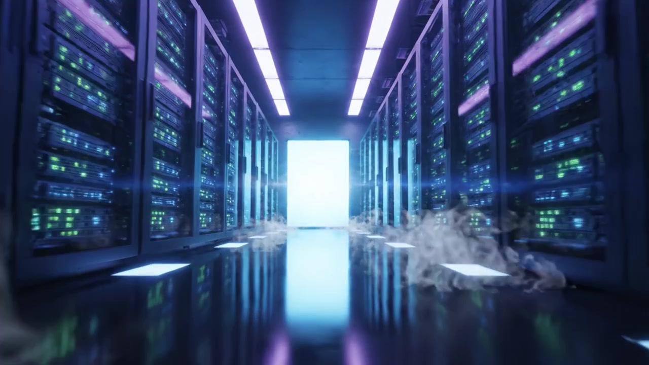 En betagende udsigt inde i et højteknologisk datacenter med rækker af servere med levende lys, der fører til en mystisk lysende døråbning.