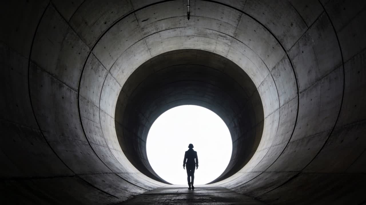 Walking backlit man in hat and coat moving from bright circular opening toward camera into tunnel