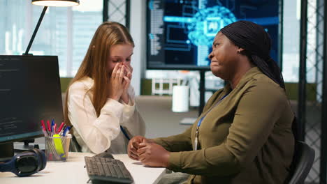 colleagues bonding at work, sharing personal issues during break