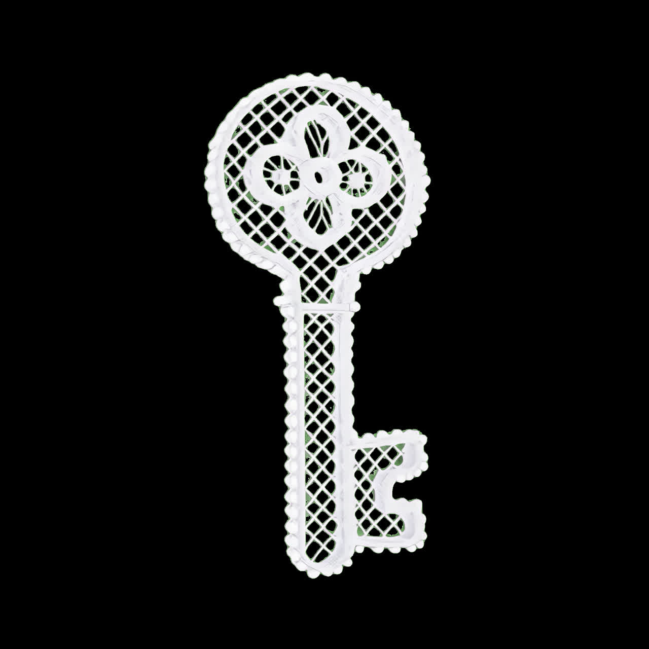 Intricate white lace key animation isolated asset, transparent 4K video, alpha channel, ProRes 4444
