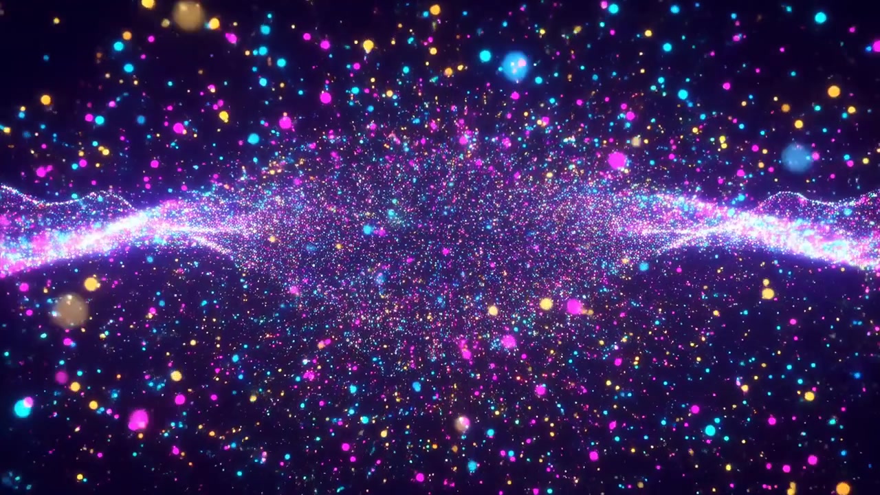 A bright stream of sparkling particles forms a glowing wave across a dark background, with multicolored bokeh lights scattered around and soft flowing motion creating a festive and energetic atmosphere