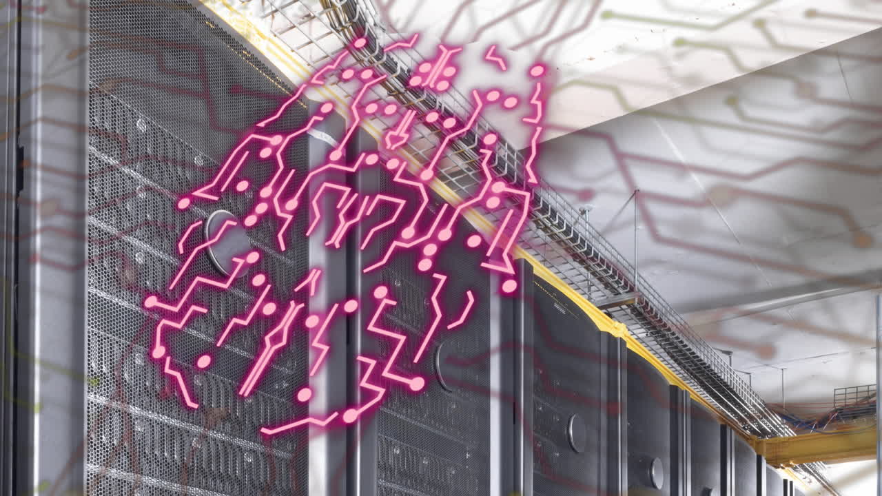 animación del cerebro humano, conexiones y procesamiento de datos a través de placas de circuitos y servidores.