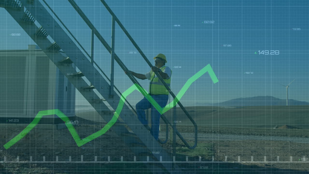 animación de gráficos y procesamiento de datos sobre trabajadores masculinos subiendo escaleras en una central eléctrica