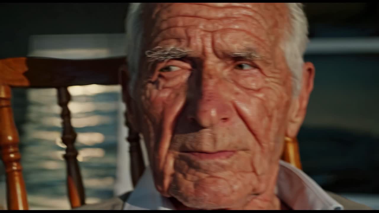 Close-up video still of an elderly man with deep wrinkles, captured at eye level