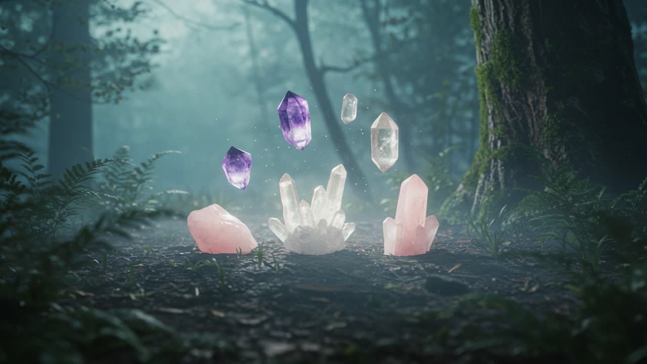 Enchanting Forest Scene Featuring a Cluster of Beautiful Crystals with Mystical Energy Surrounded by Lush Greenery and Dappled Light Enhancing Natural Beauty