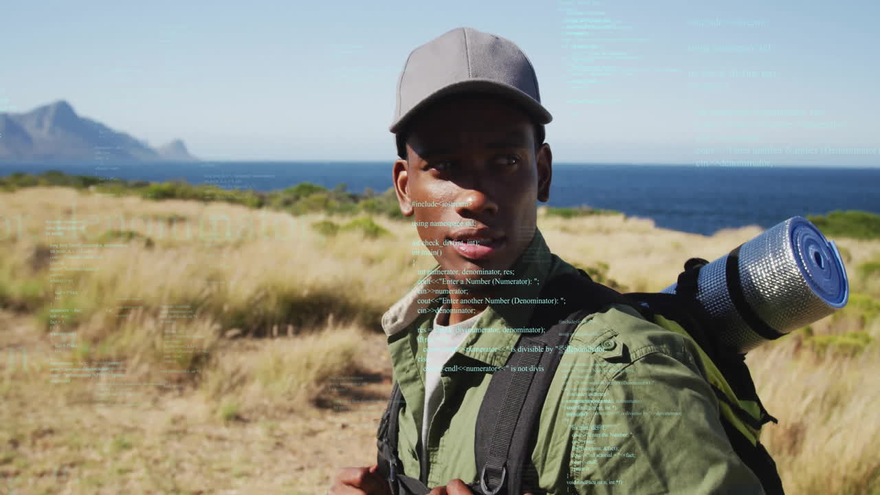 아프리카계 미국인 남자 하이킹에 대한 데이터 처리의 애니메이션