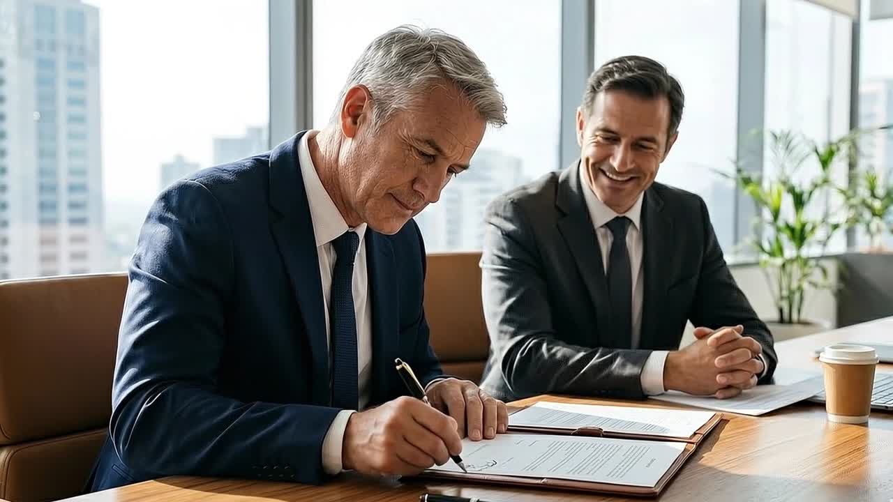 Due uomini d'affari firmano un contratto e si stringono la mano in un ufficio moderno