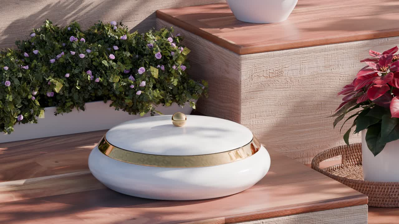 Geometric shapes and plants on a wooden table